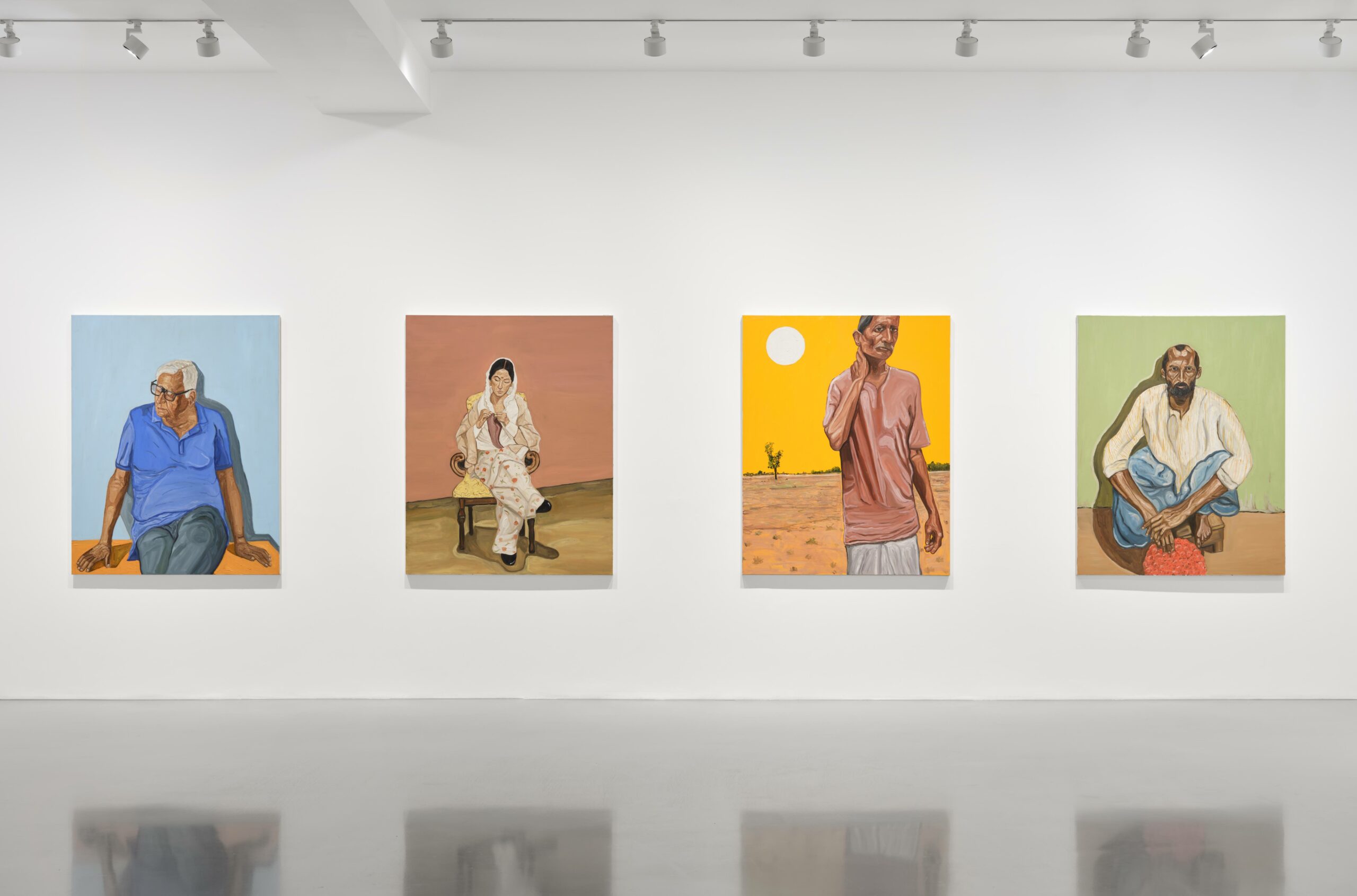 Installation image of Raghav Babbar: New Paintings. 4 colourful portraits in a row